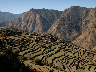 Terraced landscape surrounding the Shree Shiv Bhawani School in Bajhang District, Nepal.
