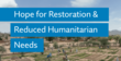 “A group of people working in a dryland agricultural field with young crops, set against a rural landscape of scattered trees and distant hills. Overlaid text reads: ‘Hope for Restoration & Reduced Humanitarian Needs.’”
