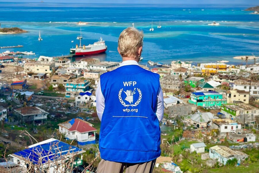 WFP chief Cindy McCain wearing WFP vest looks over a bay to assess hurricane Beryl damage