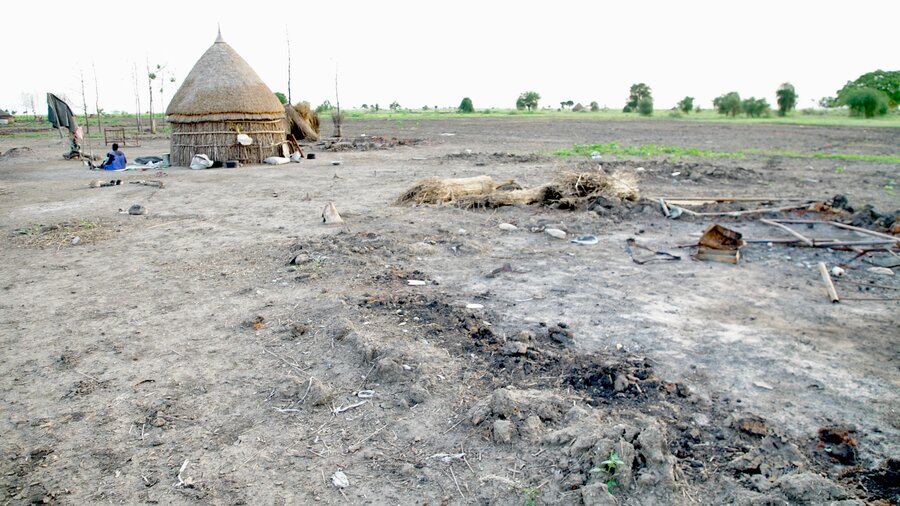 The debris of a home destroyed by fighting, with another mud and straw-thatched hut in the background. Photo: WFP/Peter Louis