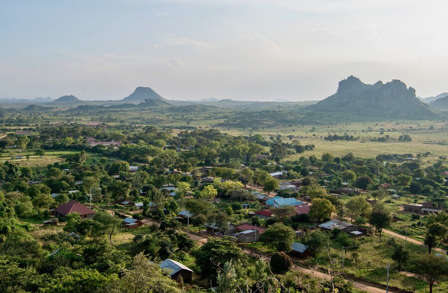An aerial shot of a village surrounded by flat green land and trees, punctuated by a few hills. Photo: WFP/Alessandro Abbonizio