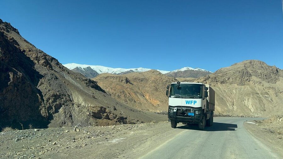 A WFP truck drives through mountainous terrain. Photo: WFP/Danijela Milic